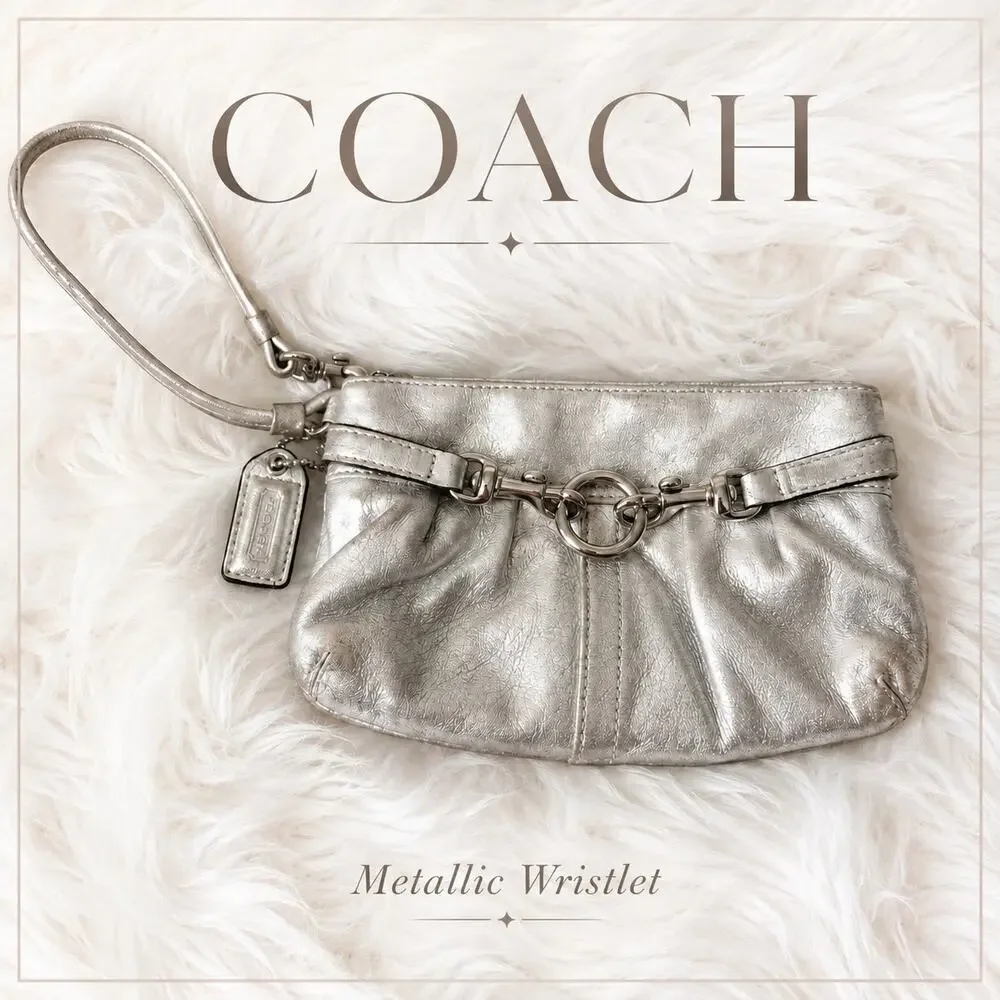 Coach Silver Metallic Leather Wristlet Clutch Pouch Horsebit Accent